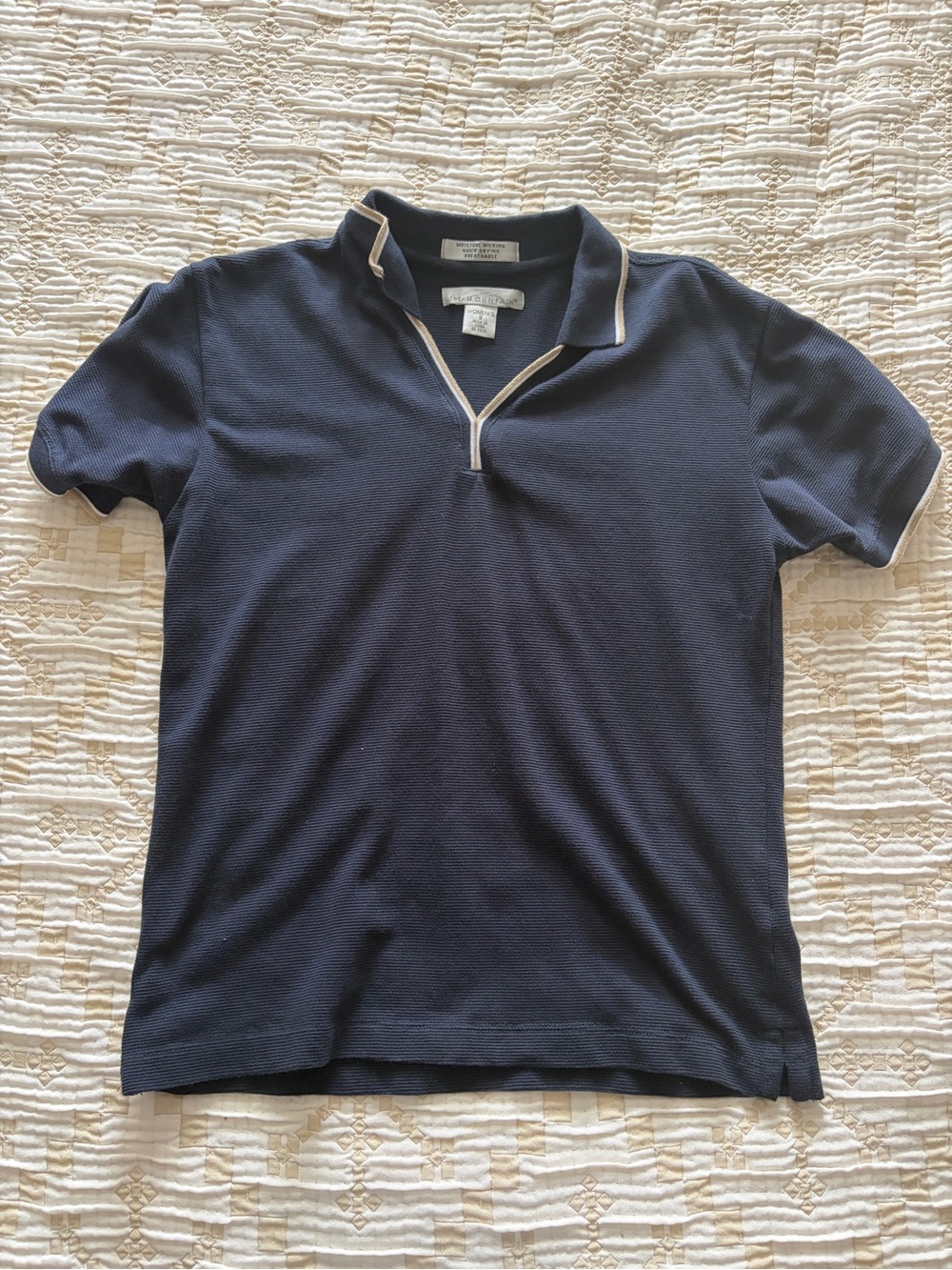 Navy Short-Sleeve Pique Polo with Cream Trim